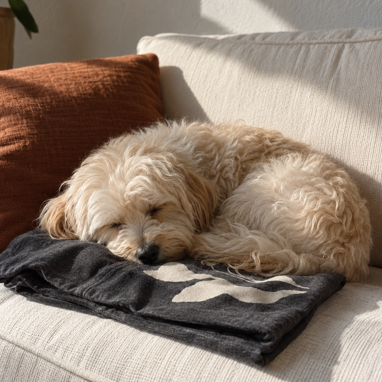 A small shaggy dog snoozing on a folded tee