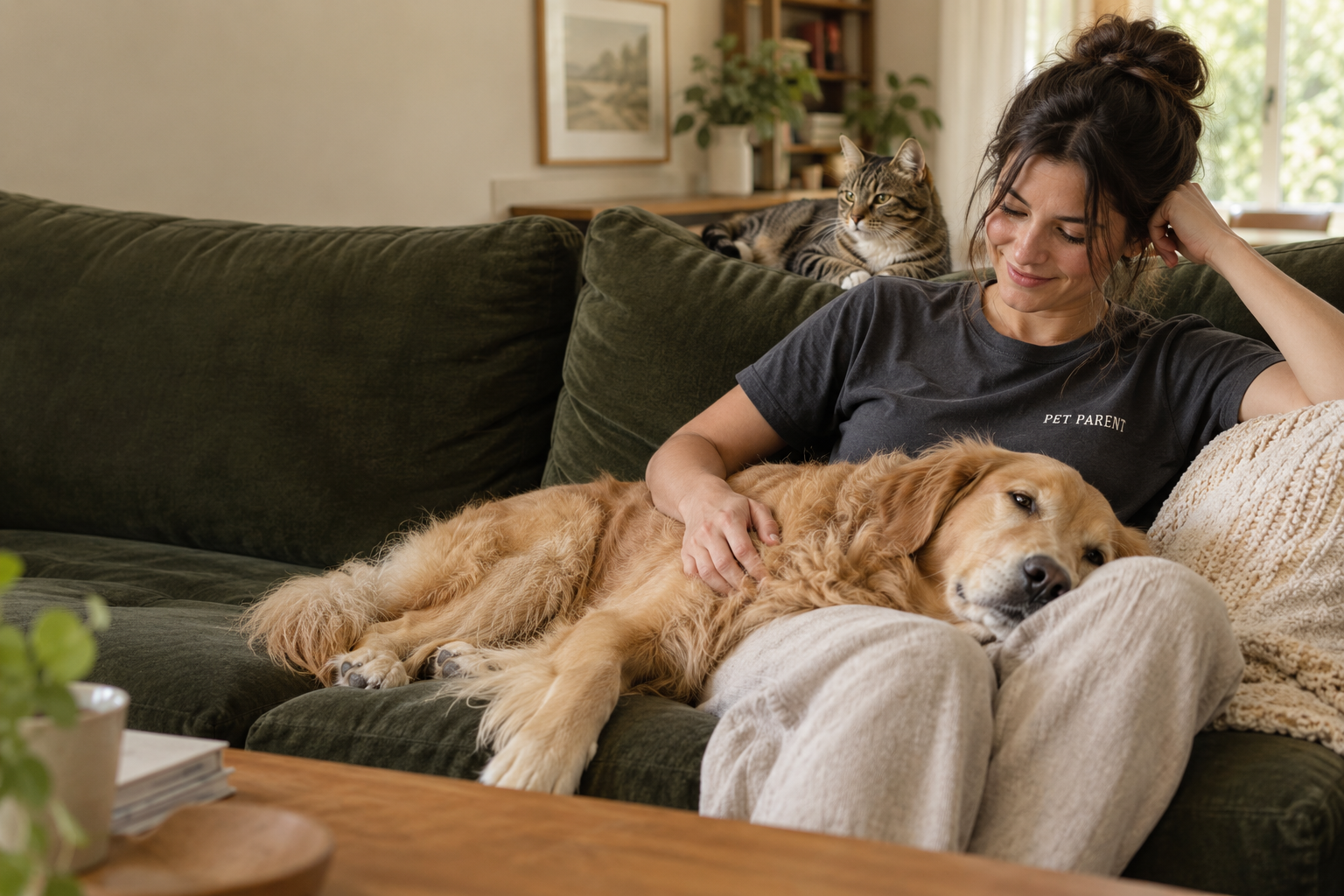 A pet parent relaxing on an olive sofa with a dog and cat